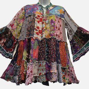Nw FUNKY STUFF patch boho tiered babydoll sheer chiffon viscose TOP XL
